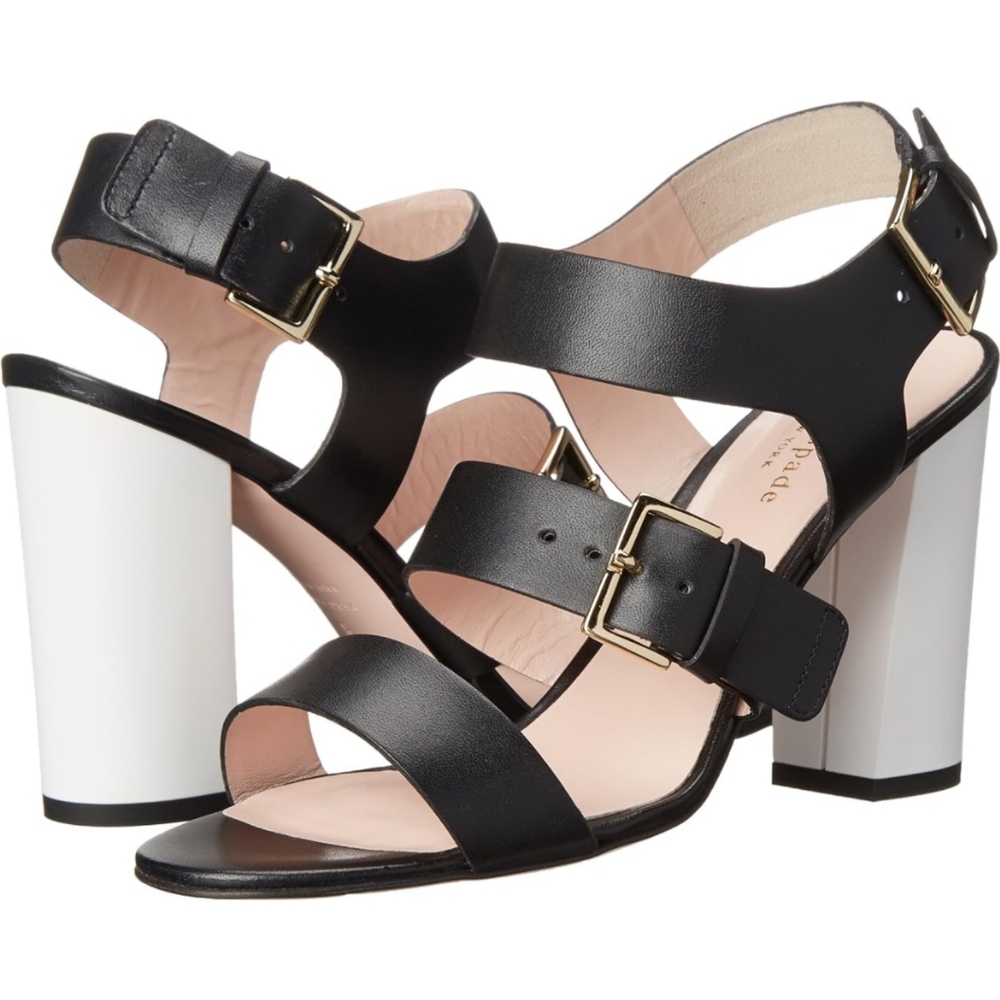 Kate Spade Italian Leather Black & Cream Block Heel Ibarra Sandals 7.5